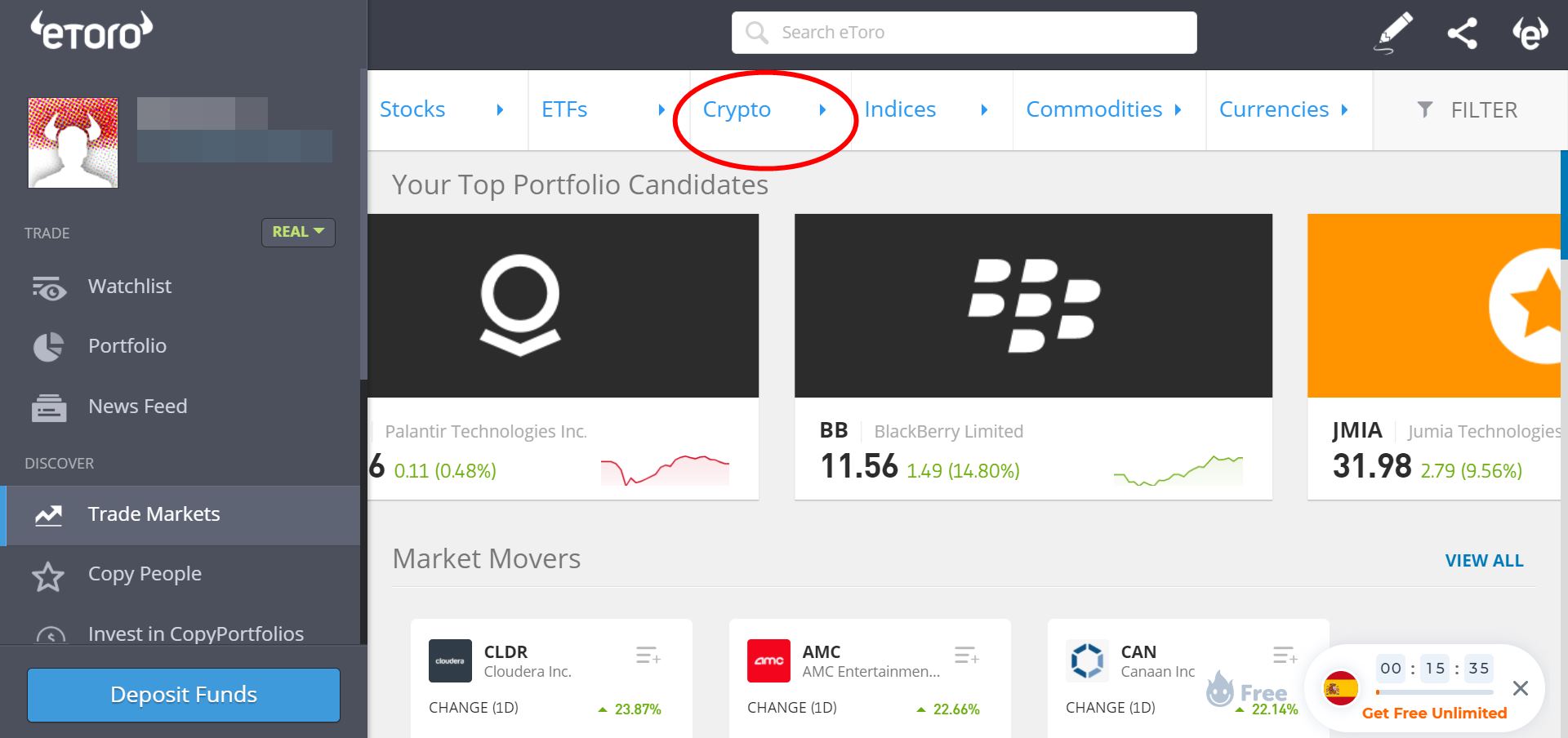 Menu Trade Markets di eToro